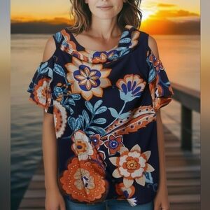 Clara Sun Woo -NWT Navy Blue Cold Shoulder Tunic Blouse W/Floral Print, Size XS,